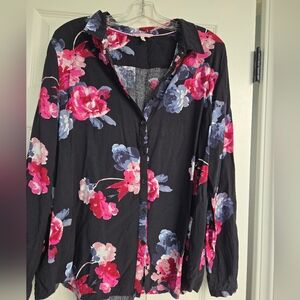 Joules Sz. 14 Black Blouse With Magenta, Blue-grey, And Dusty Rose Flowers